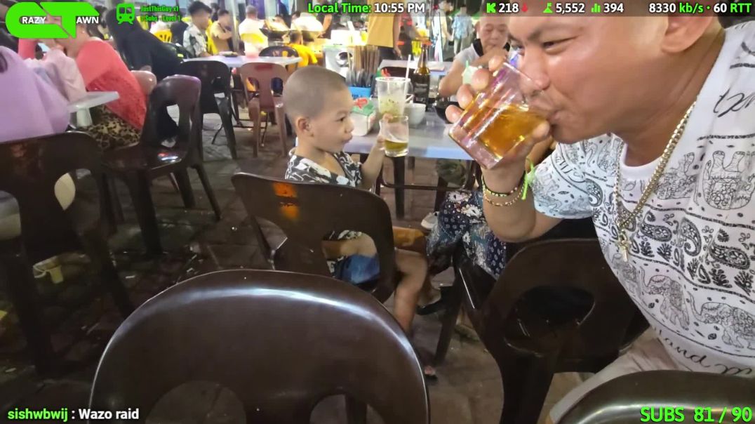 CrazyTawn raises a beer to cheers a little kid, while the kid's grandparents are sitting there